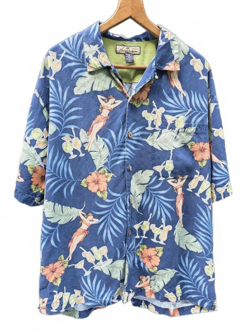 Vintage Tommy Bahama 100% Silk Hawaiian Shirt Hula Girl Cocktails Blue Large.